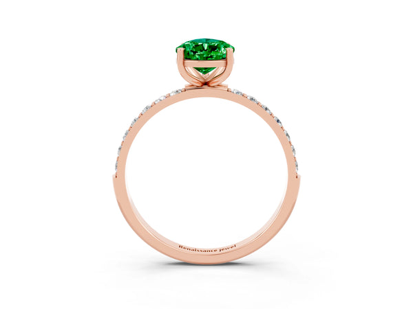 Rose gold Pear Cut Emerald Solitaire Ring with Round Pavé Shoulders and Prong Setting