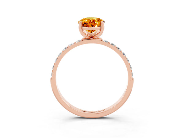 Rose gold Pear Cut Citrine Solitaire Ring with Round Pavé Shoulders and Prong Setting
