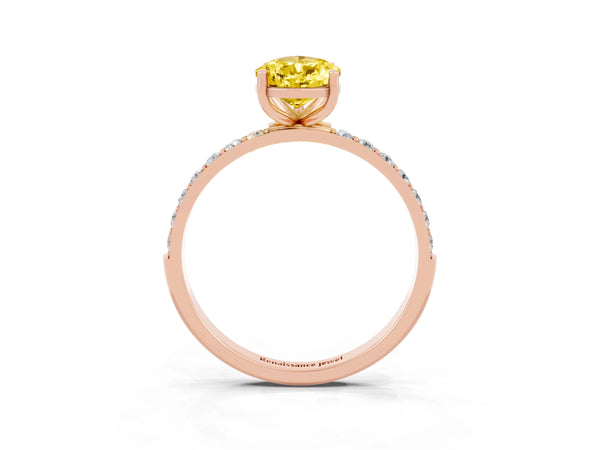 Rose gold Pear Cut Yellow Sapphire Solitaire Ring with Round Pavé Shoulders and Prong Setting