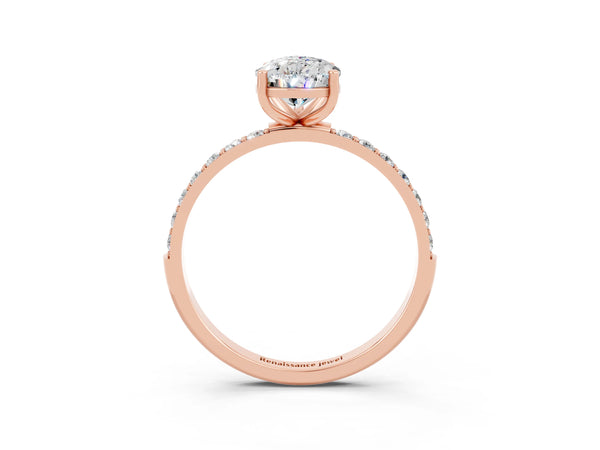 Rose gold Pear Cut Moissanite Solitaire Ring with Round Pavé Shoulders and Prong Setting