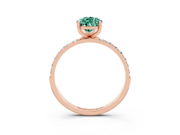 Rose gold Pear Cut Green Sapphire Solitaire Ring with Round Pavé Shoulders and Prong Setting