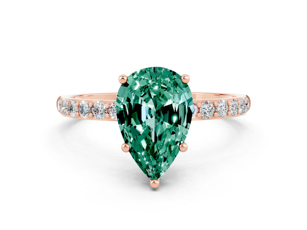 Rose gold Pear Cut Green Sapphire Solitaire Ring with Round Pavé Shoulders and Prong Setting