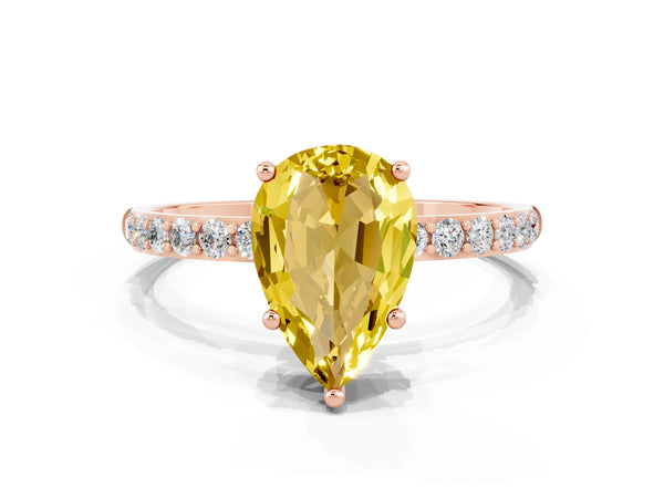 Rose gold Pear Cut Yellow Sapphire Solitaire Ring with Round Pavé Shoulders and Prong Setting