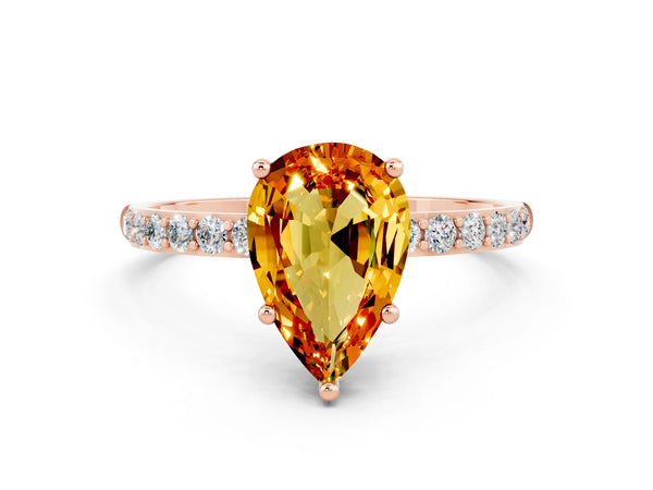 Rose gold Pear Cut Citrine Solitaire Ring with Round Pavé Shoulders and Prong Setting