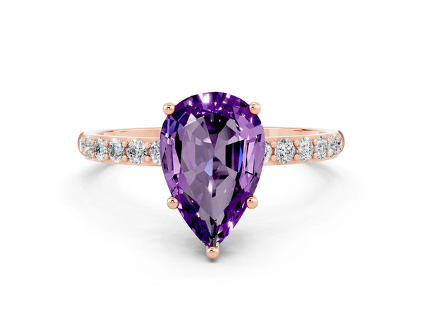 Rose gold Pear Cut Amethyst Solitaire Ring with Round Pavé Shoulders and Prong Setting
