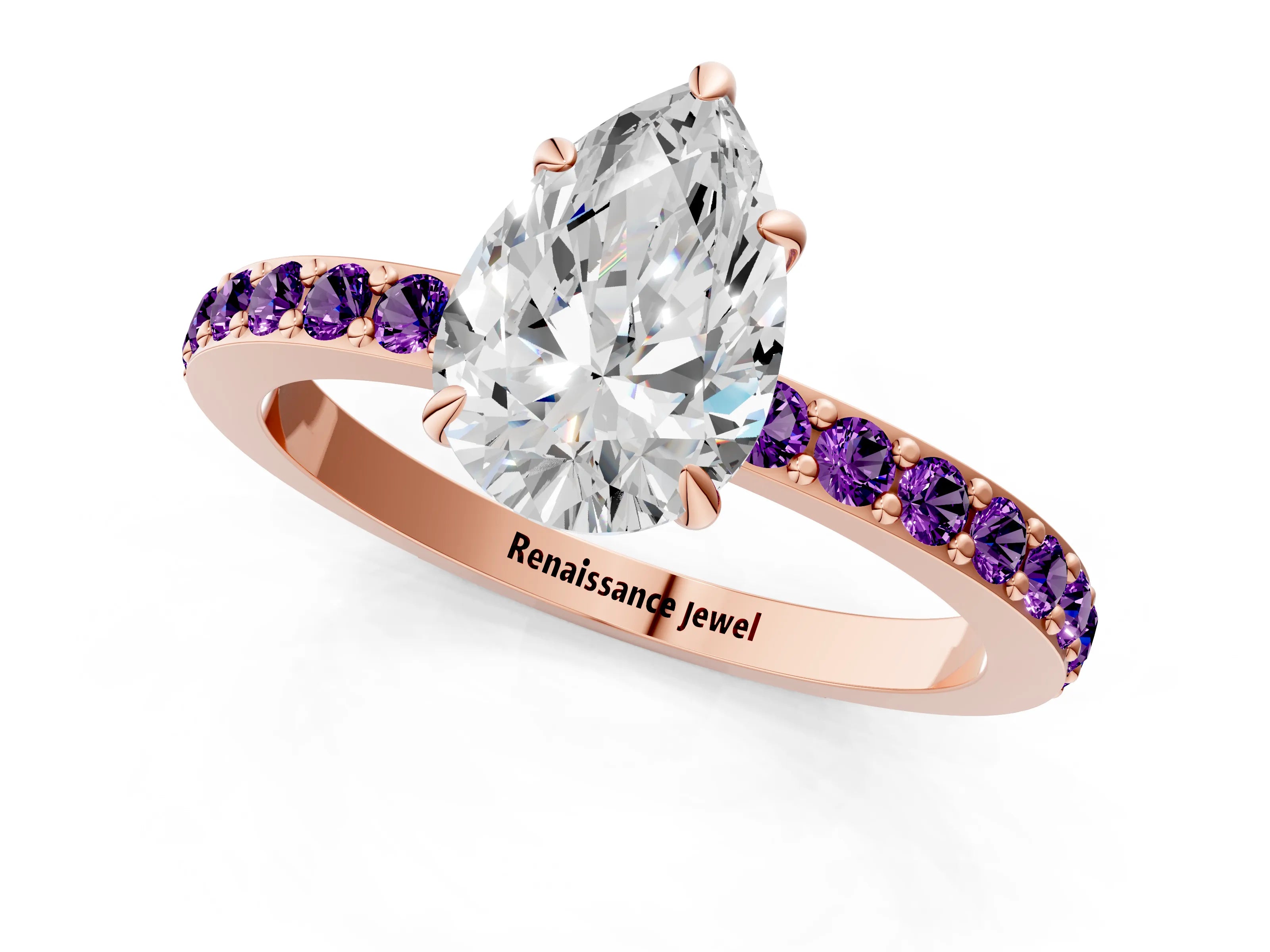 Rose gold Pear Cut Diamond Pavé Engagement Ring with Round with Amethyst side stone Accents and Prong Setting_1