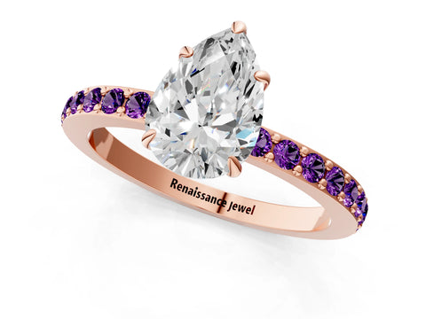 Rose gold Pear Cut Diamond Pavé Engagement Ring with Round with Amethyst side stone Accents and Prong Setting_1