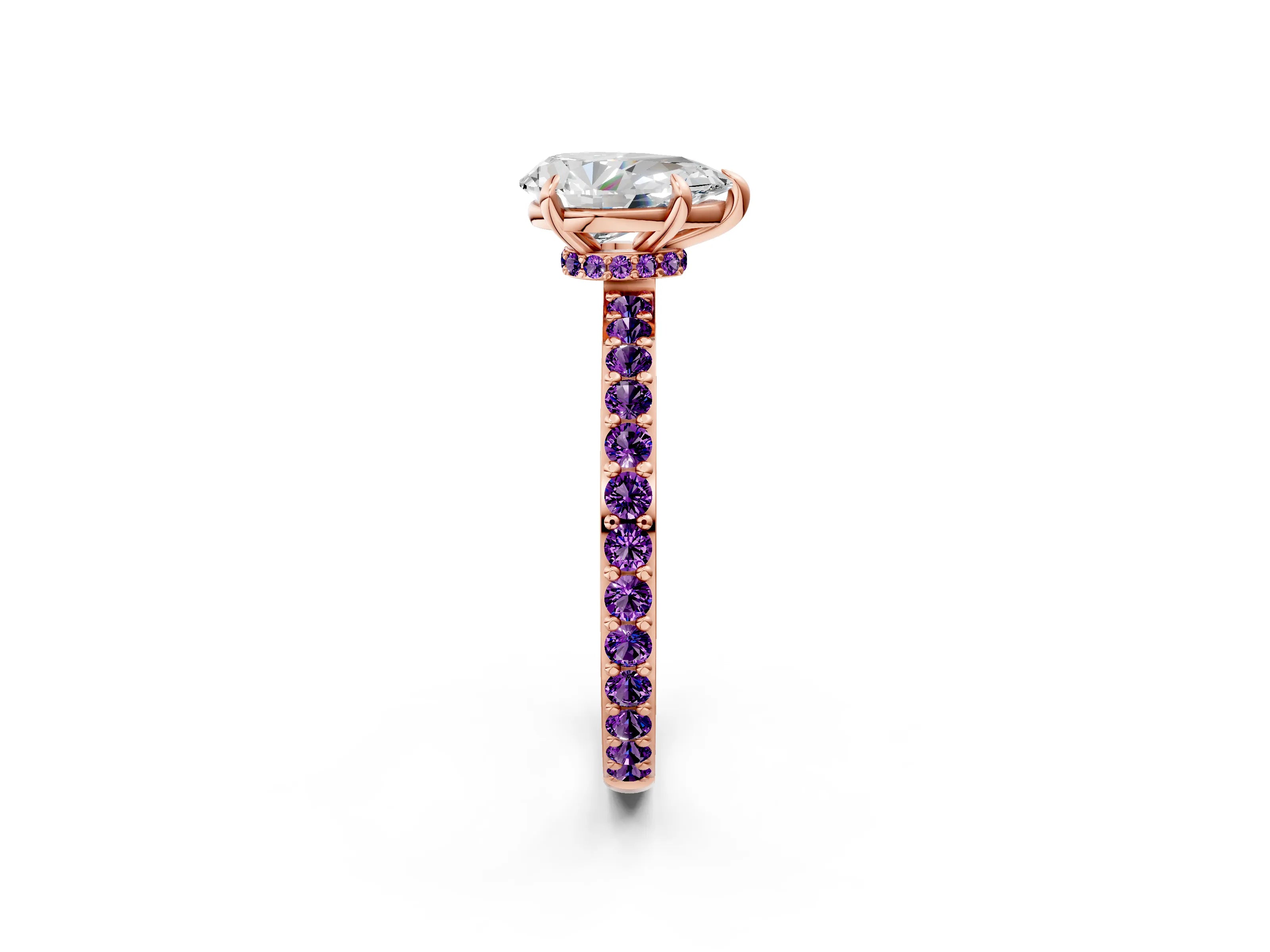 Rose gold Pear Cut Diamond Pavé Engagement Ring with Round with Amethyst side stone Accents and Prong Setting_2
