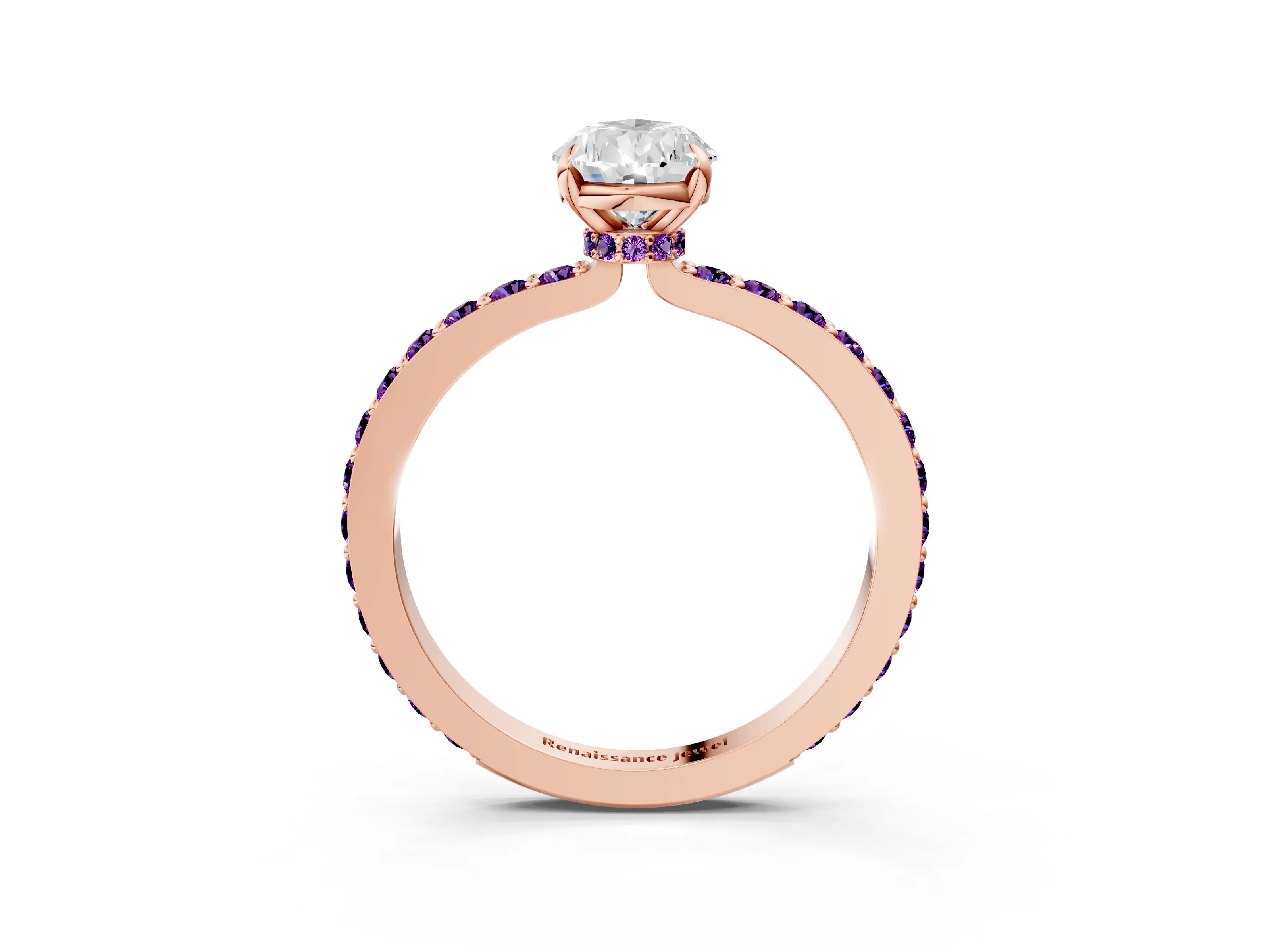 Rose gold Pear Cut Diamond Pavé Engagement Ring with Round with Amethyst side stone Accents and Prong Setting_3