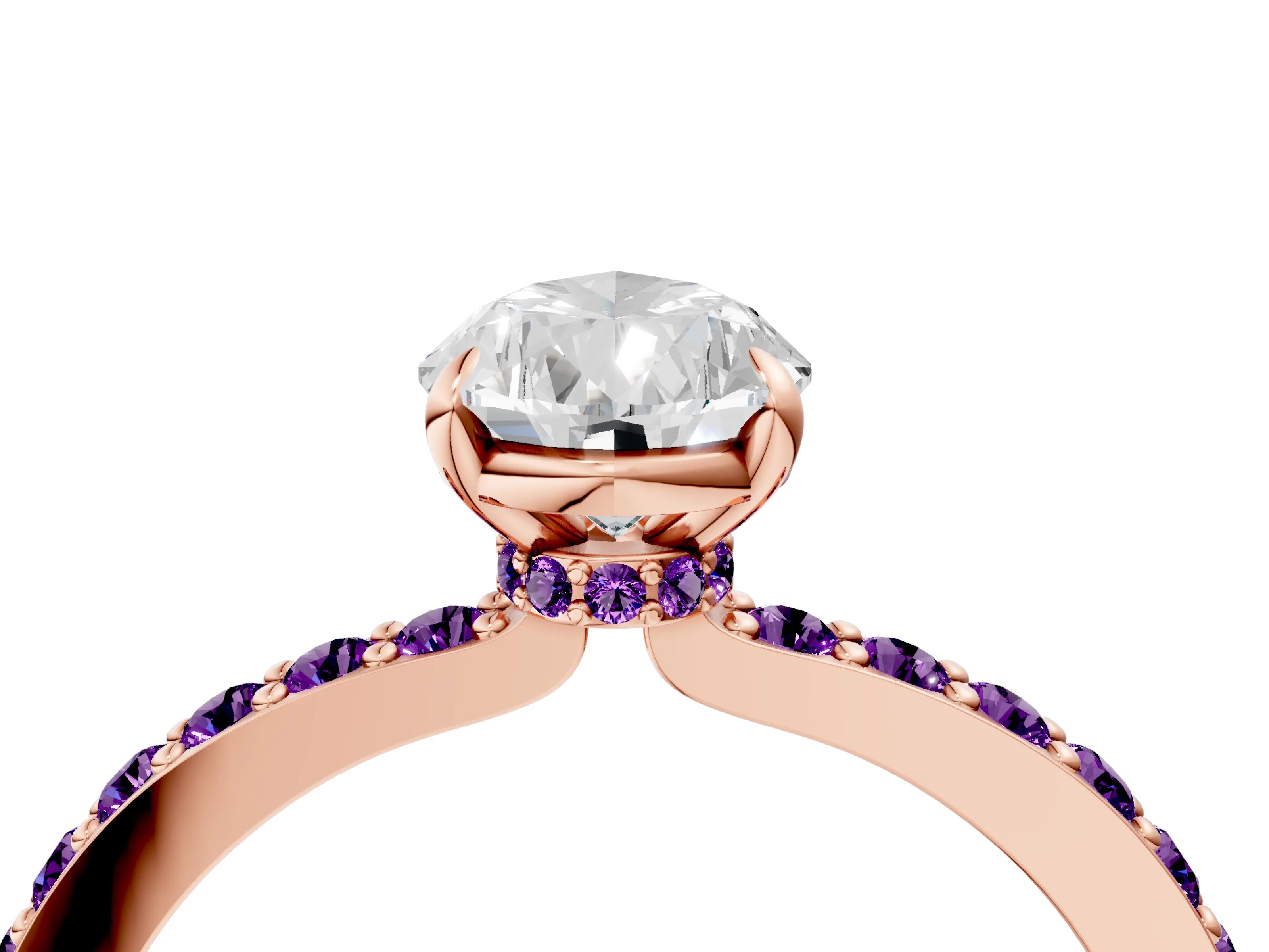 Rose gold Pear Cut Diamond Pavé Engagement Ring with Round with Amethyst side stone Accents and Prong Setting_4
