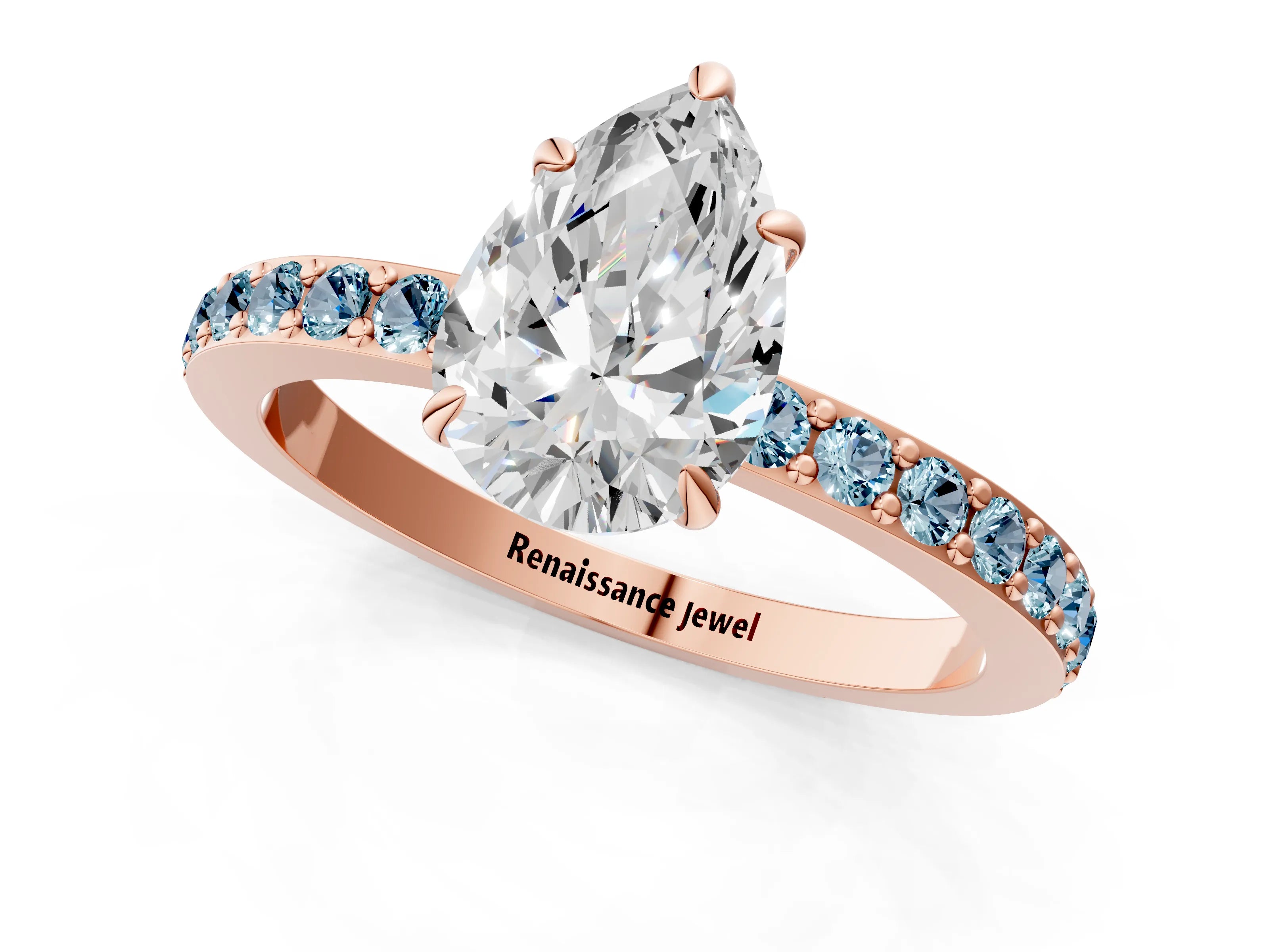 Rose gold Pear Cut Diamond Pavé Engagement Ring with Round with Aquamarine side stone Accents and Prong Setting_1