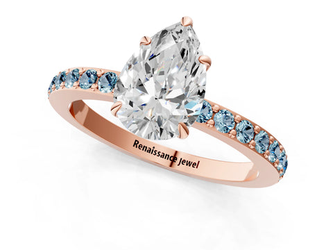 Rose gold Pear Cut Diamond Pavé Engagement Ring with Round with Aquamarine side stone Accents and Prong Setting_1