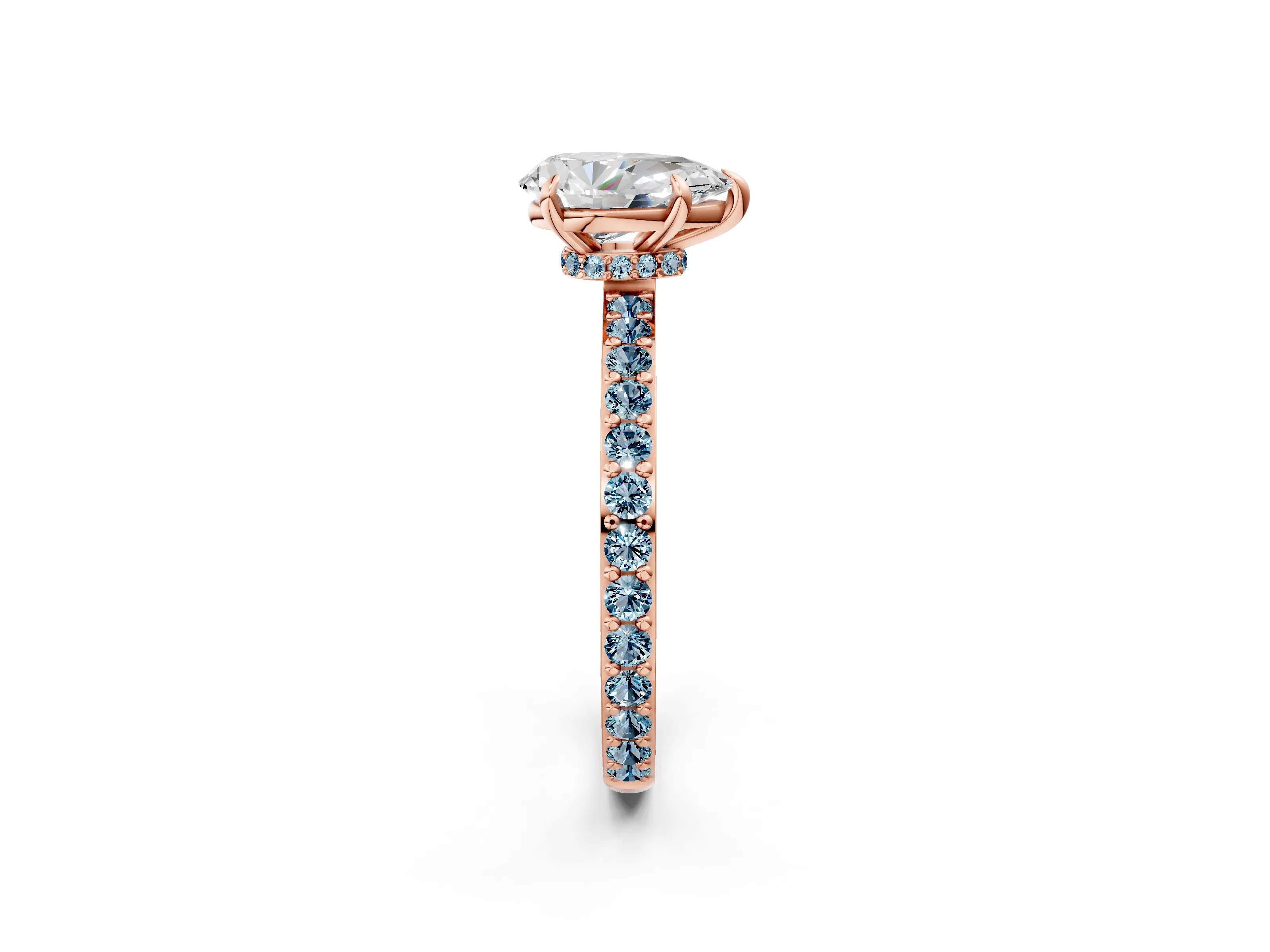 Rose gold Pear Cut Diamond Pavé Engagement Ring with Round with Aquamarine side stone Accents and Prong Setting_2