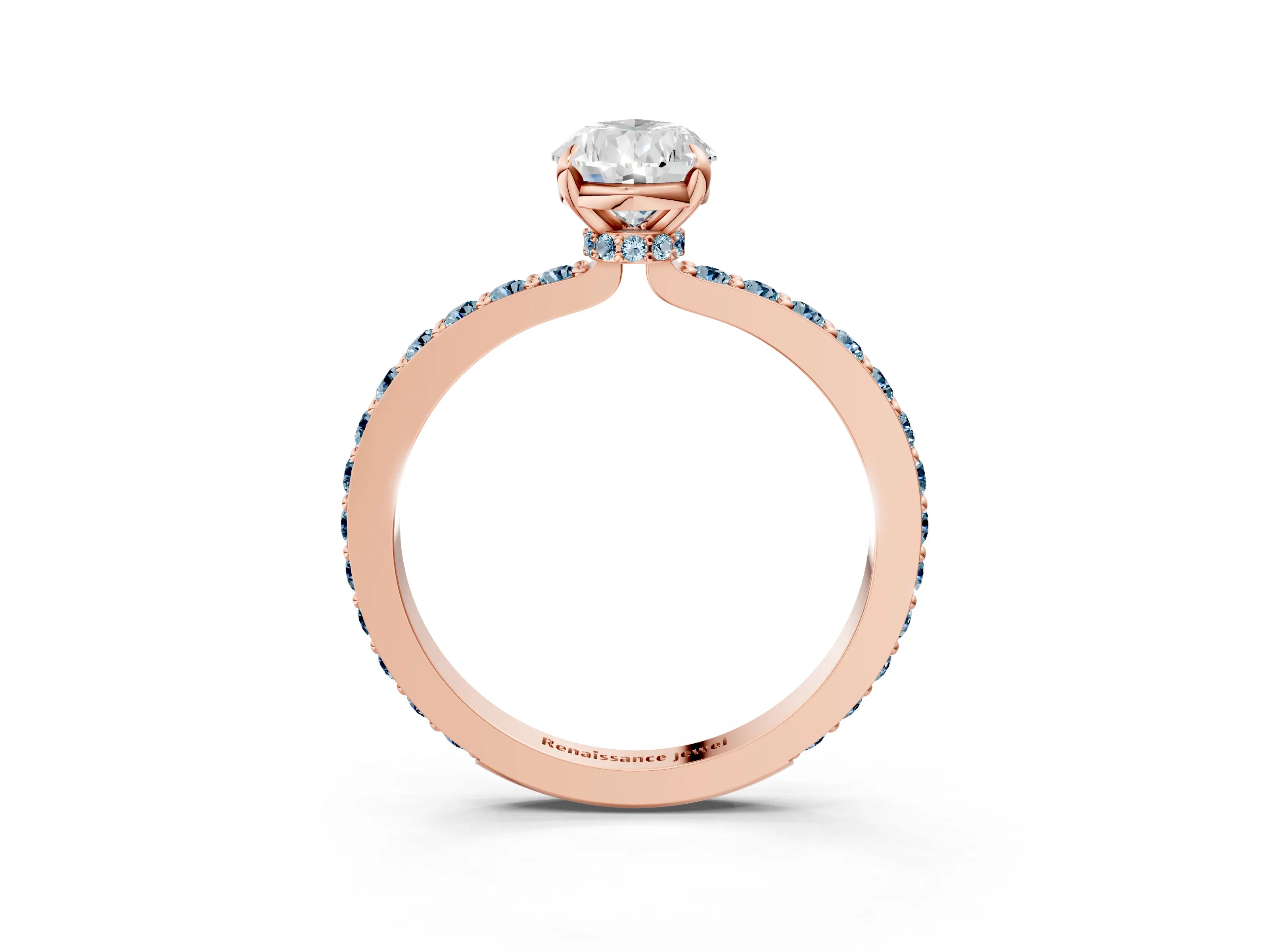 Rose gold Pear Cut Diamond Pavé Engagement Ring with Round with Aquamarine side stone Accents and Prong Setting_3