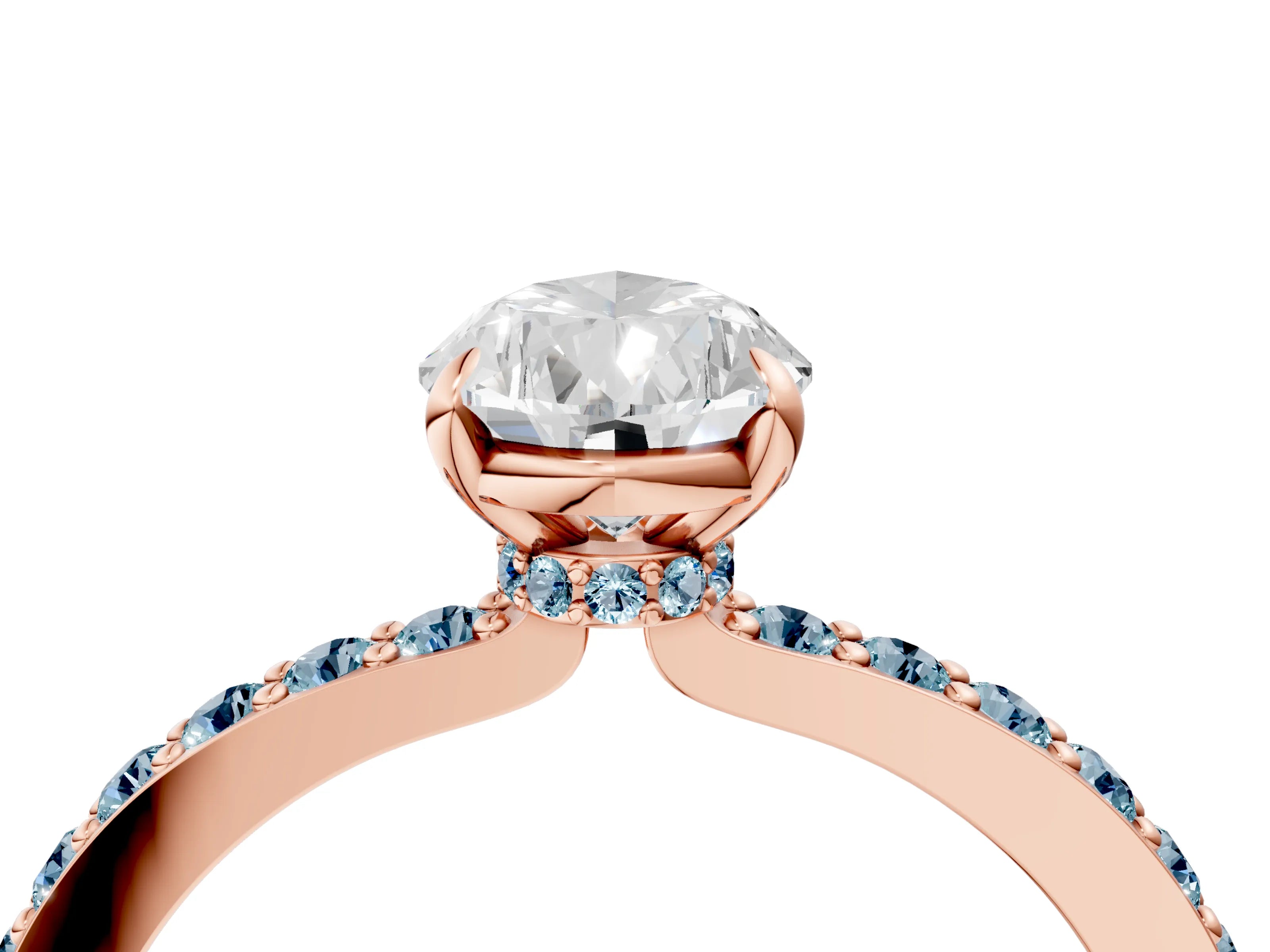 Rose gold Pear Cut Diamond Pavé Engagement Ring with Round with Aquamarine side stone Accents and Prong Setting_4