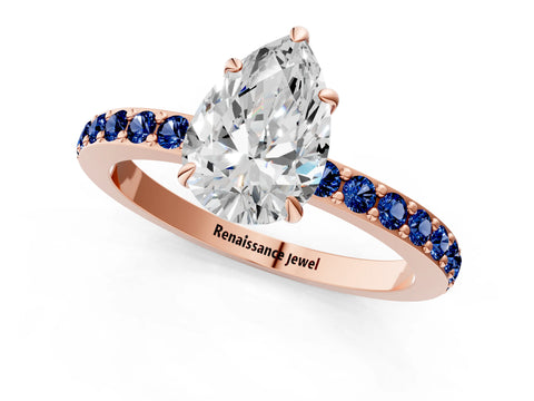Rose gold Pear Cut Diamond Pavé Engagement Ring with Round with Blue Sapphire side stone Accents and Prong Setting_1