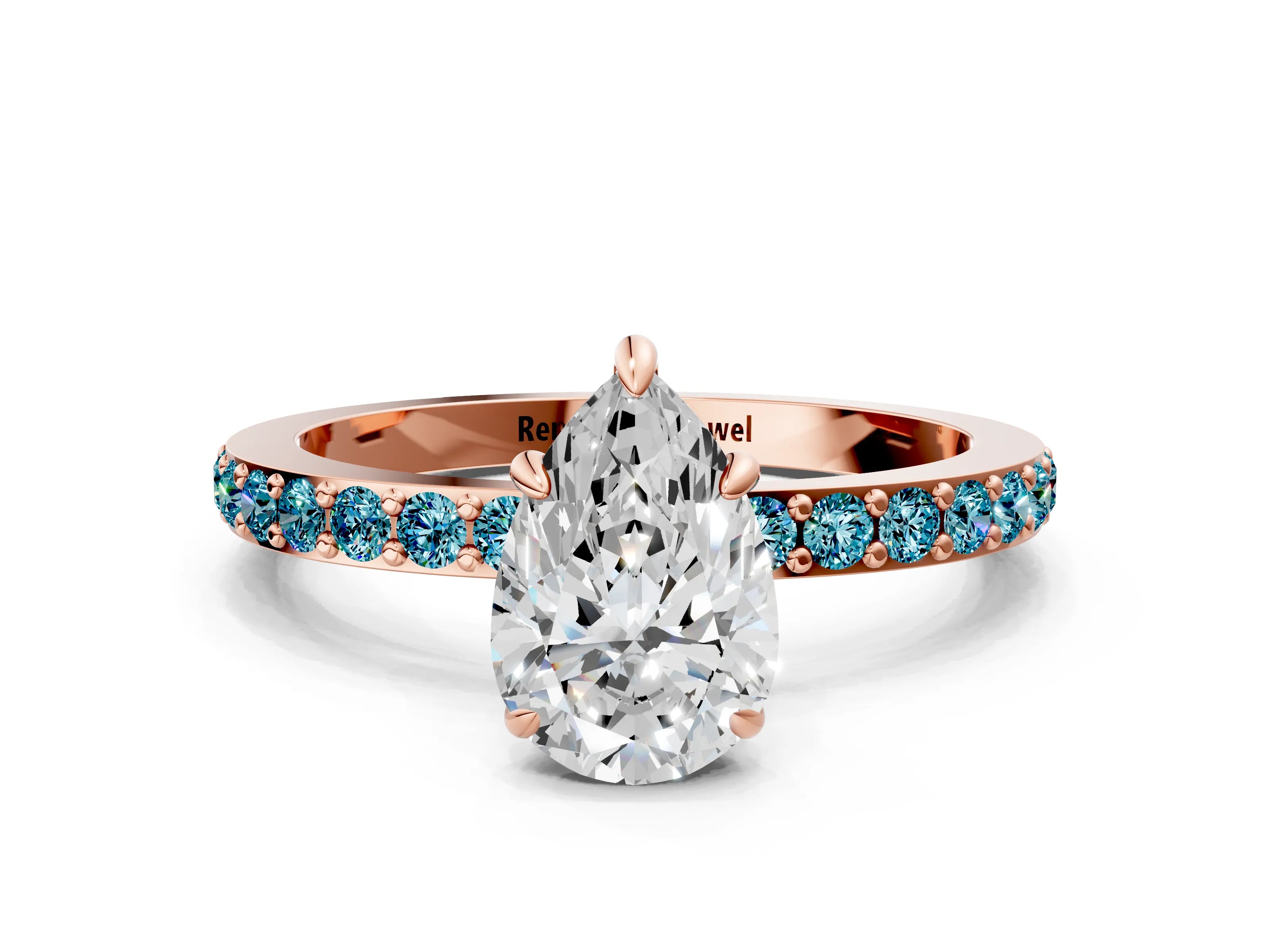 Rose gold Pear Cut Diamond Pavé Engagement Ring with Round with Blue Topaz side stone Accents and Prong Setting
