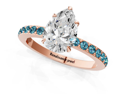 Rose gold Pear Cut Diamond Pavé Engagement Ring with Round with Blue Topaz side stone Accents and Prong Setting_1