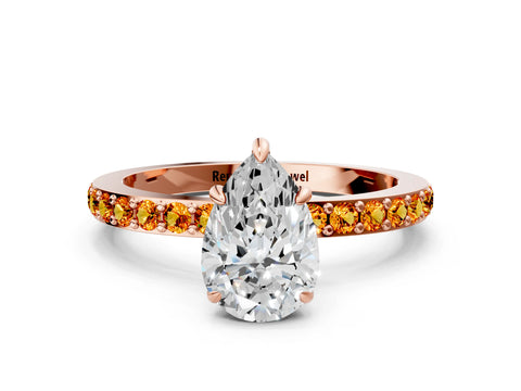 Rose gold Pear Cut Diamond Pavé Engagement Ring with Round with Citrine side stone Accents and Prong Setting