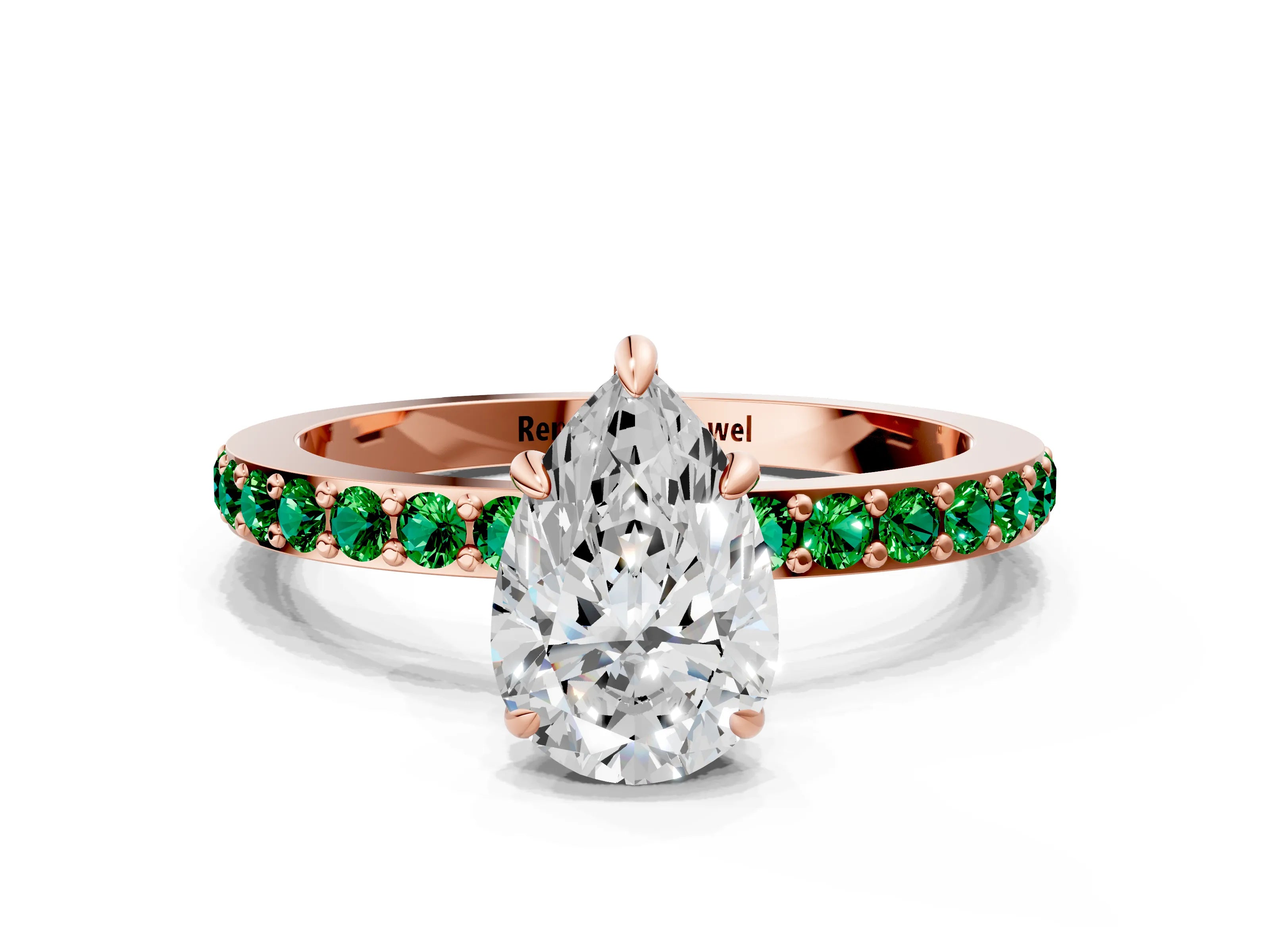 Rose gold Pear Cut Diamond Pavé Engagement Ring with Round with Emerald side stone Accents and Prong Setting