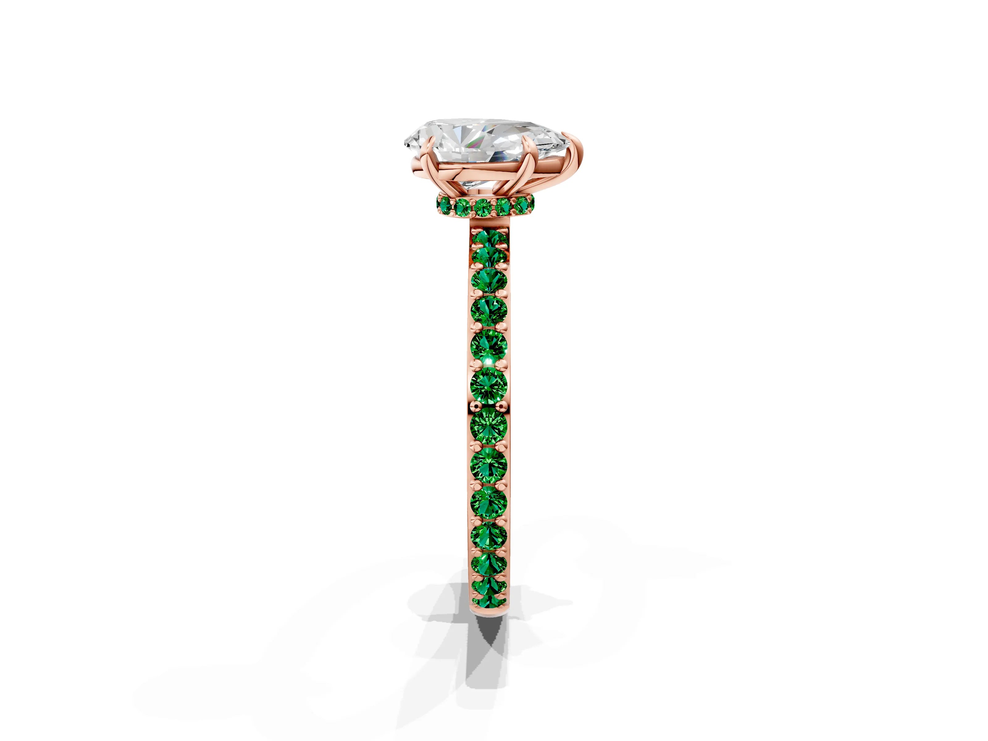 Rose gold Pear Cut Diamond Pavé Engagement Ring with Round with Emerald side stone Accents and Prong Setting_1