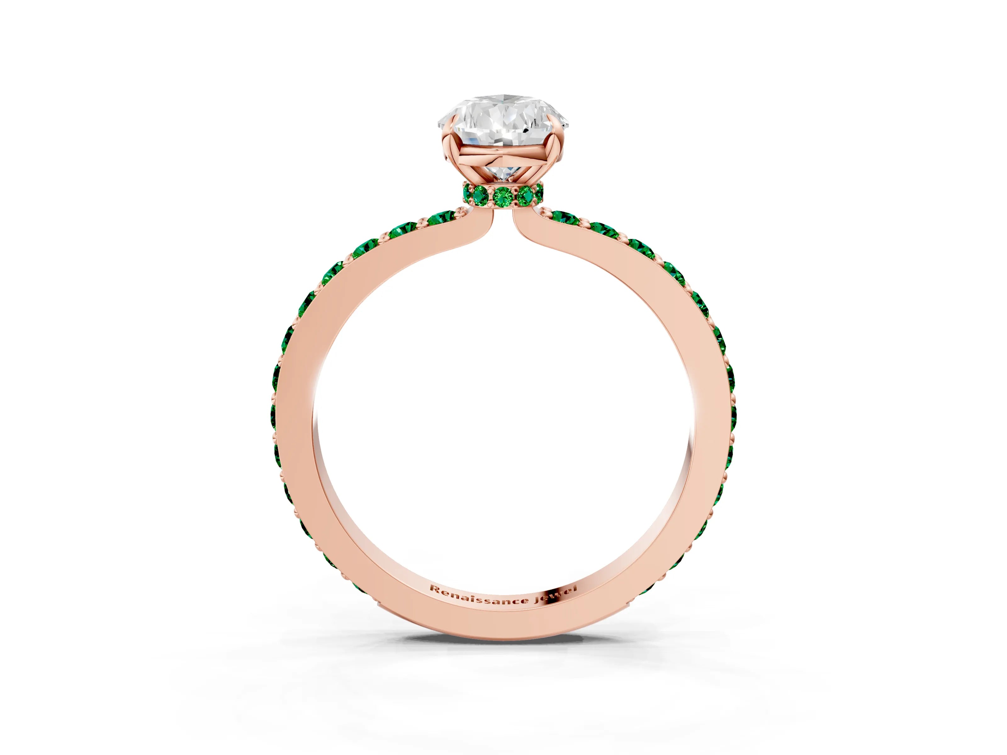 Rose gold Pear Cut Diamond Pavé Engagement Ring with Round with Emerald side stone Accents and Prong Setting_3