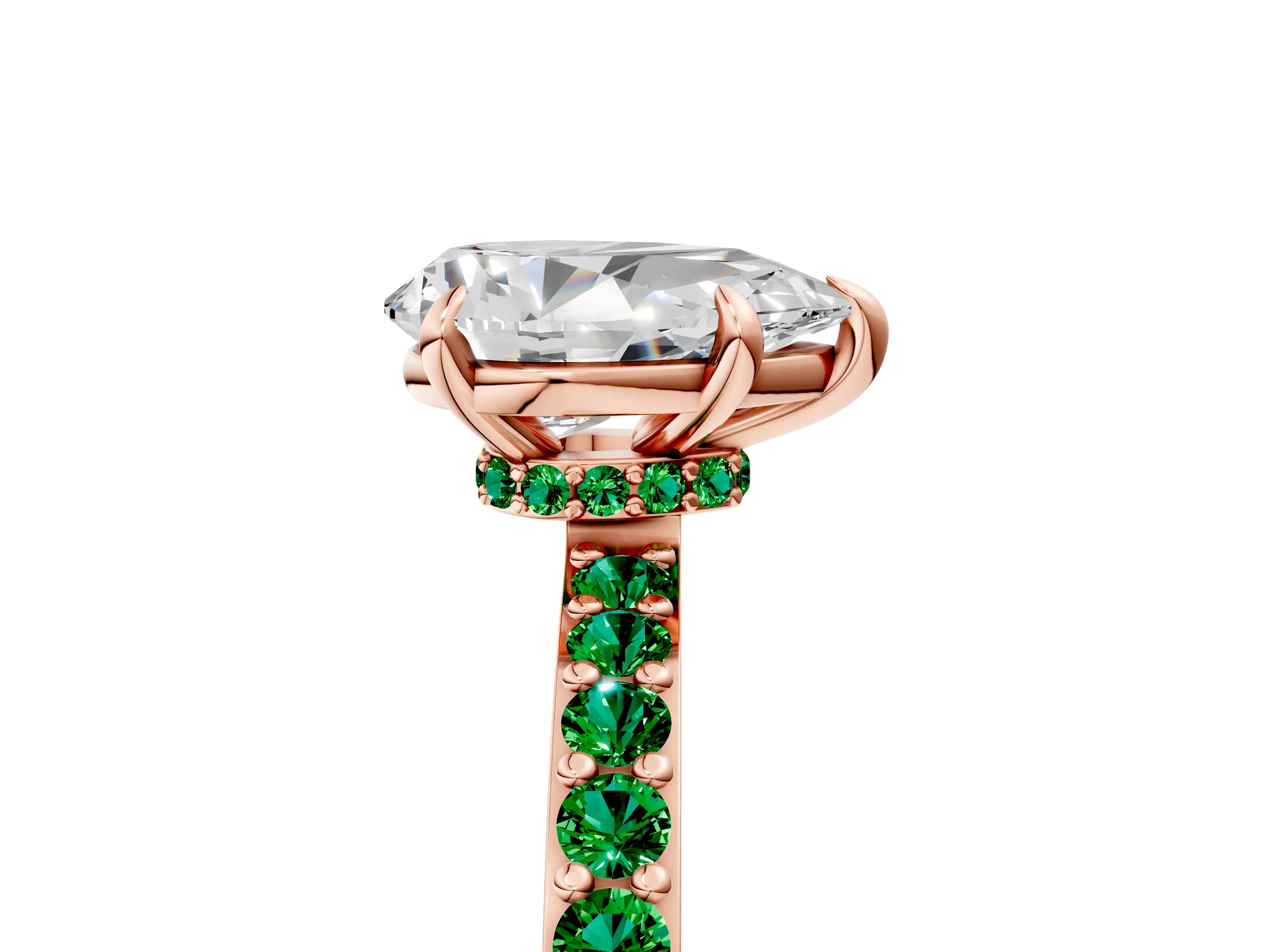 Rose gold Pear Cut Diamond Pavé Engagement Ring with Round with Emerald side stone Accents and Prong Setting_5