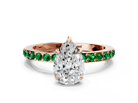 Rose gold Pear Cut Diamond Pavé Engagement Ring with Round with Emerald side stone Accents and Prong Setting