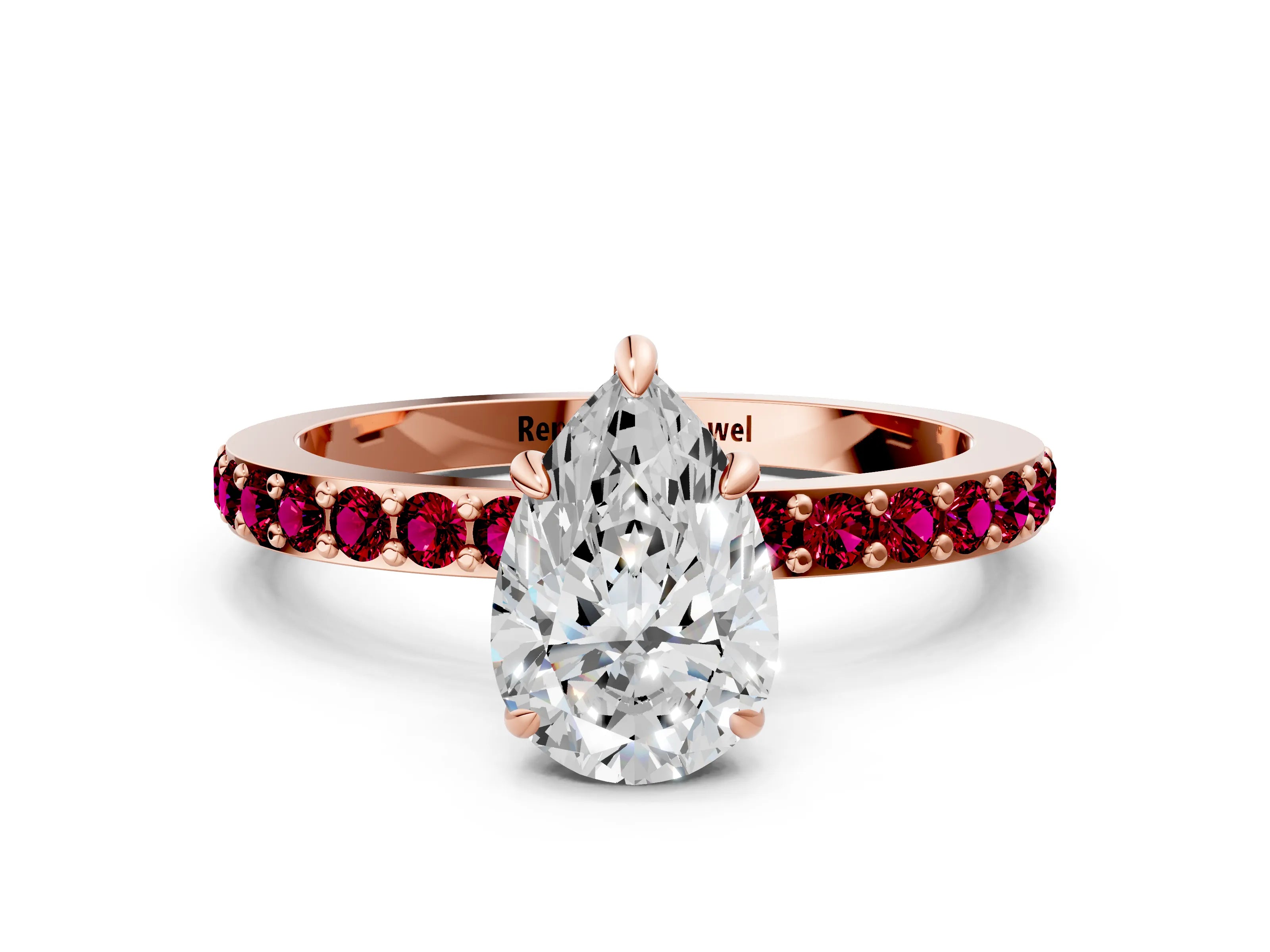 Rose gold Pear Cut Diamond Pavé Engagement Ring with Round with Garnet side stone Accents and Prong Setting