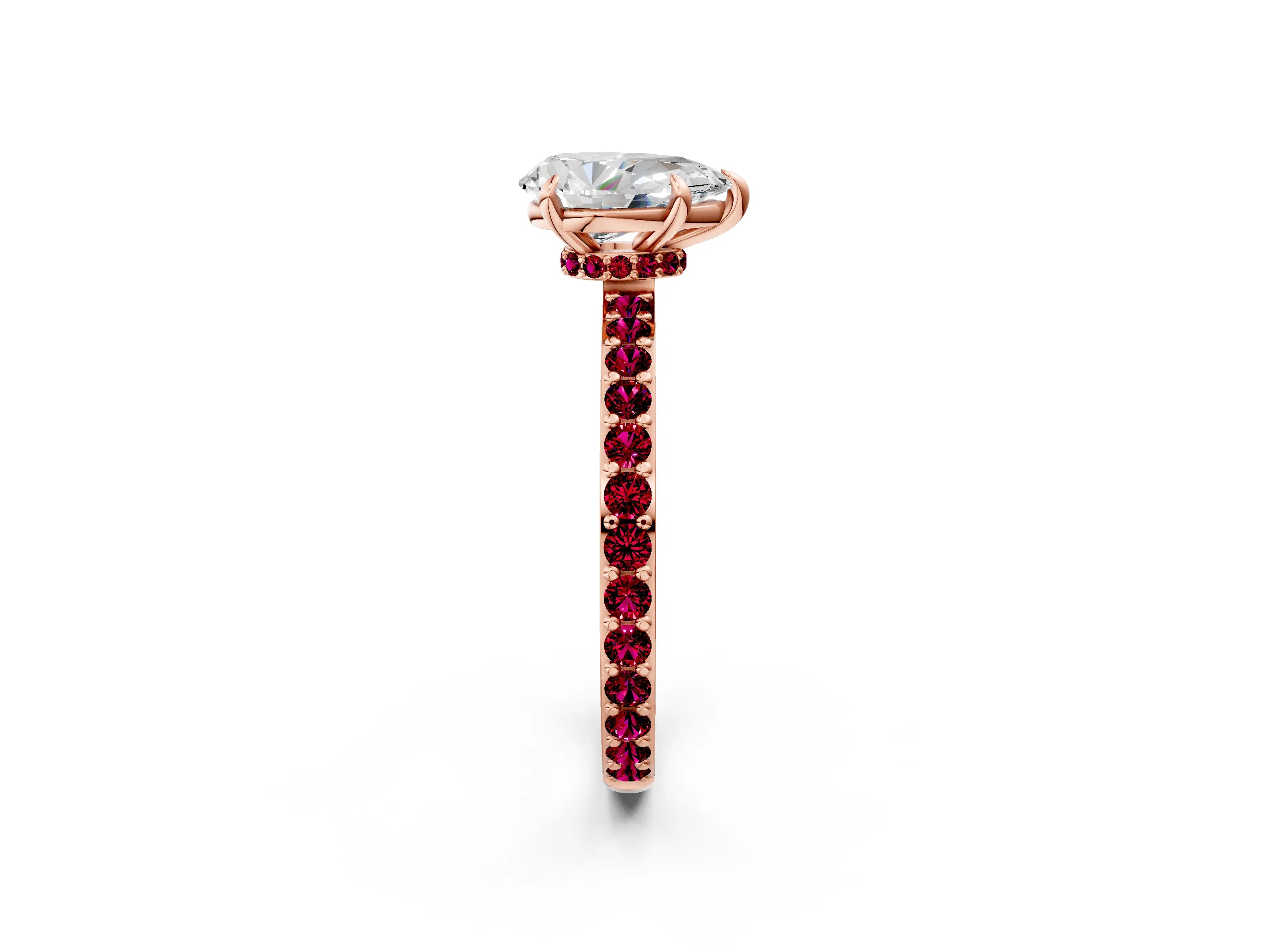 Rose gold Pear Cut Diamond Pavé Engagement Ring with Round with Garnet side stone Accents and Prong Setting_2