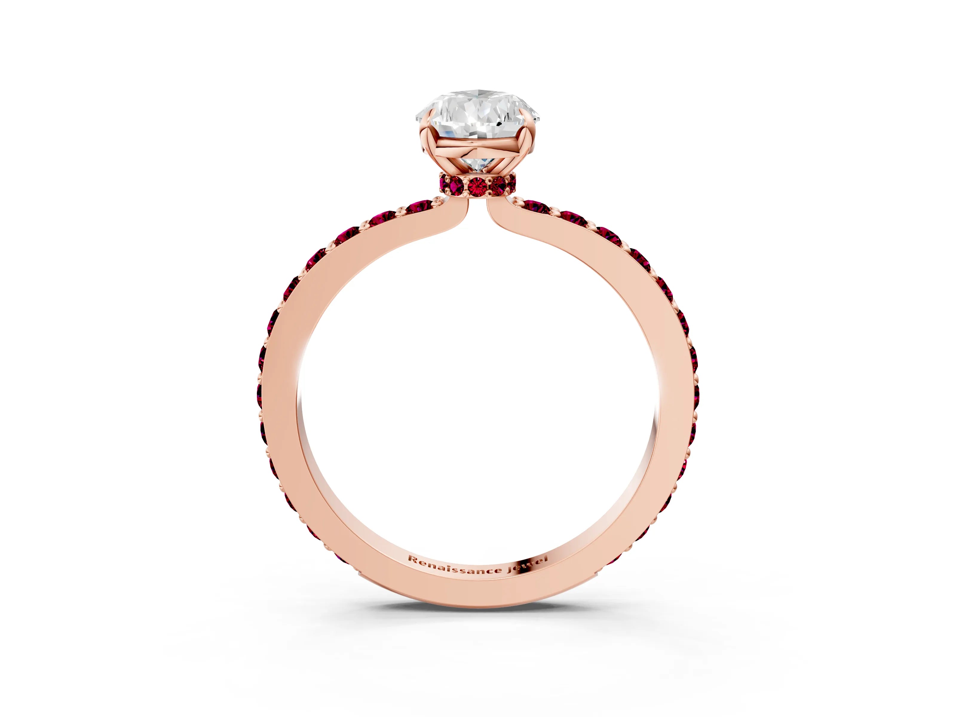 Rose gold Pear Cut Diamond Pavé Engagement Ring with Round with Garnet side stone Accents and Prong Setting_3