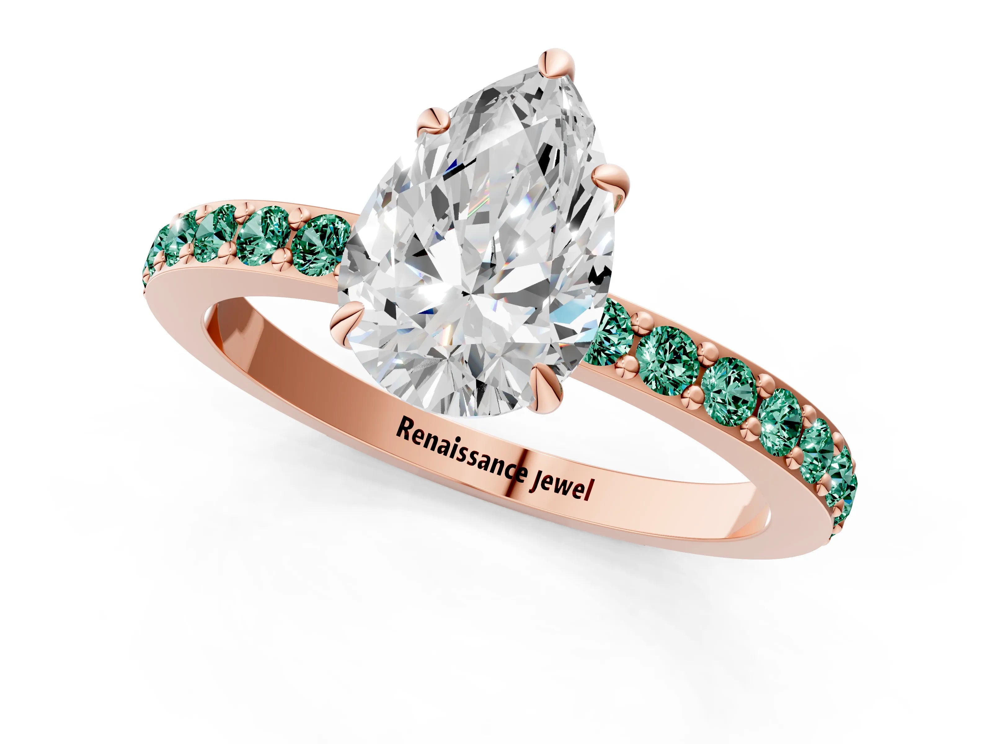 Rose gold Pear Cut Diamond Pavé Engagement Ring with Round with Green Sapphire side stone Accents and Prong Setting_1