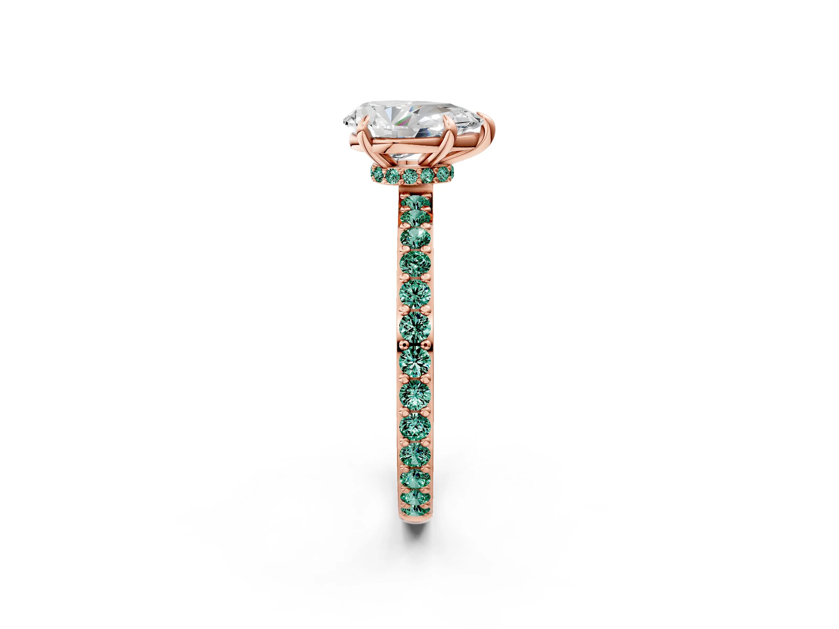 Rose gold Pear Cut Diamond Pavé Engagement Ring with Round with Green Sapphire side stone Accents and Prong Setting_2