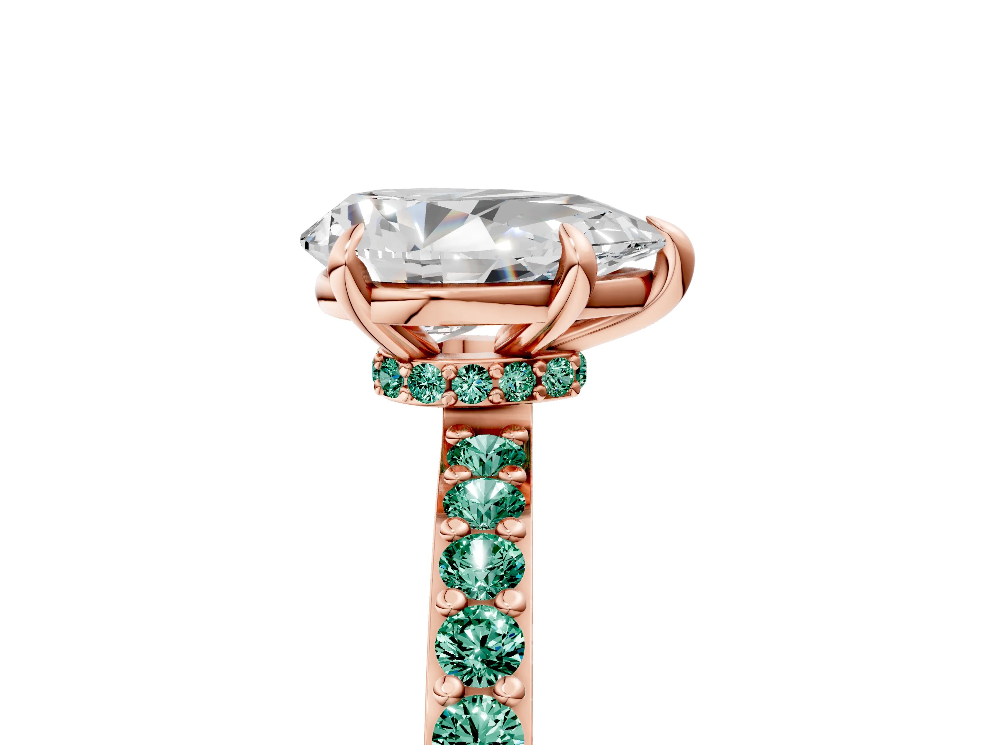 Rose gold Pear Cut Diamond Pavé Engagement Ring with Round with Green Sapphire side stone Accents and Prong Setting_5