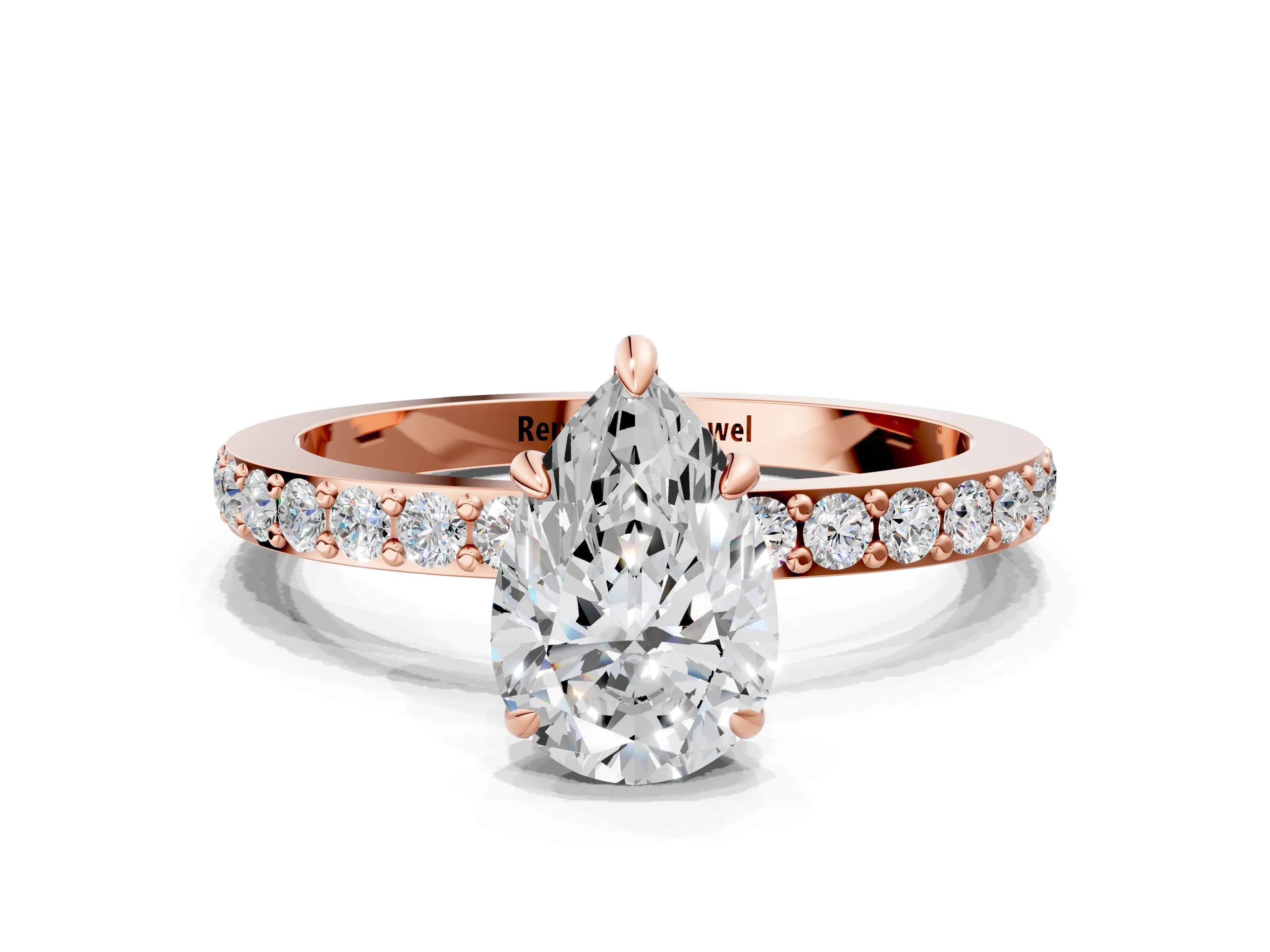 Rose gold Pear Cut Diamond Pavé Engagement Ring with Round with Moissanite side stone Accents and Prong Setting