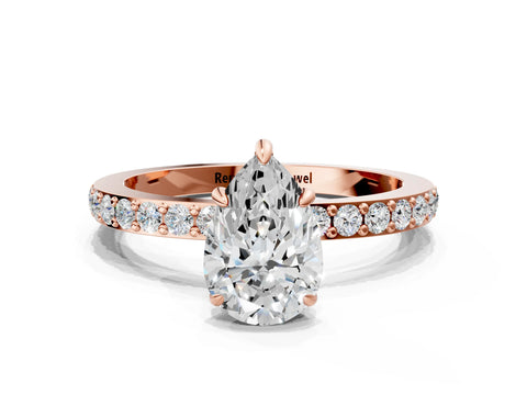 Rose gold Pear Cut Diamond Pavé Engagement Ring with Round with Moissanite side stone Accents and Prong Setting