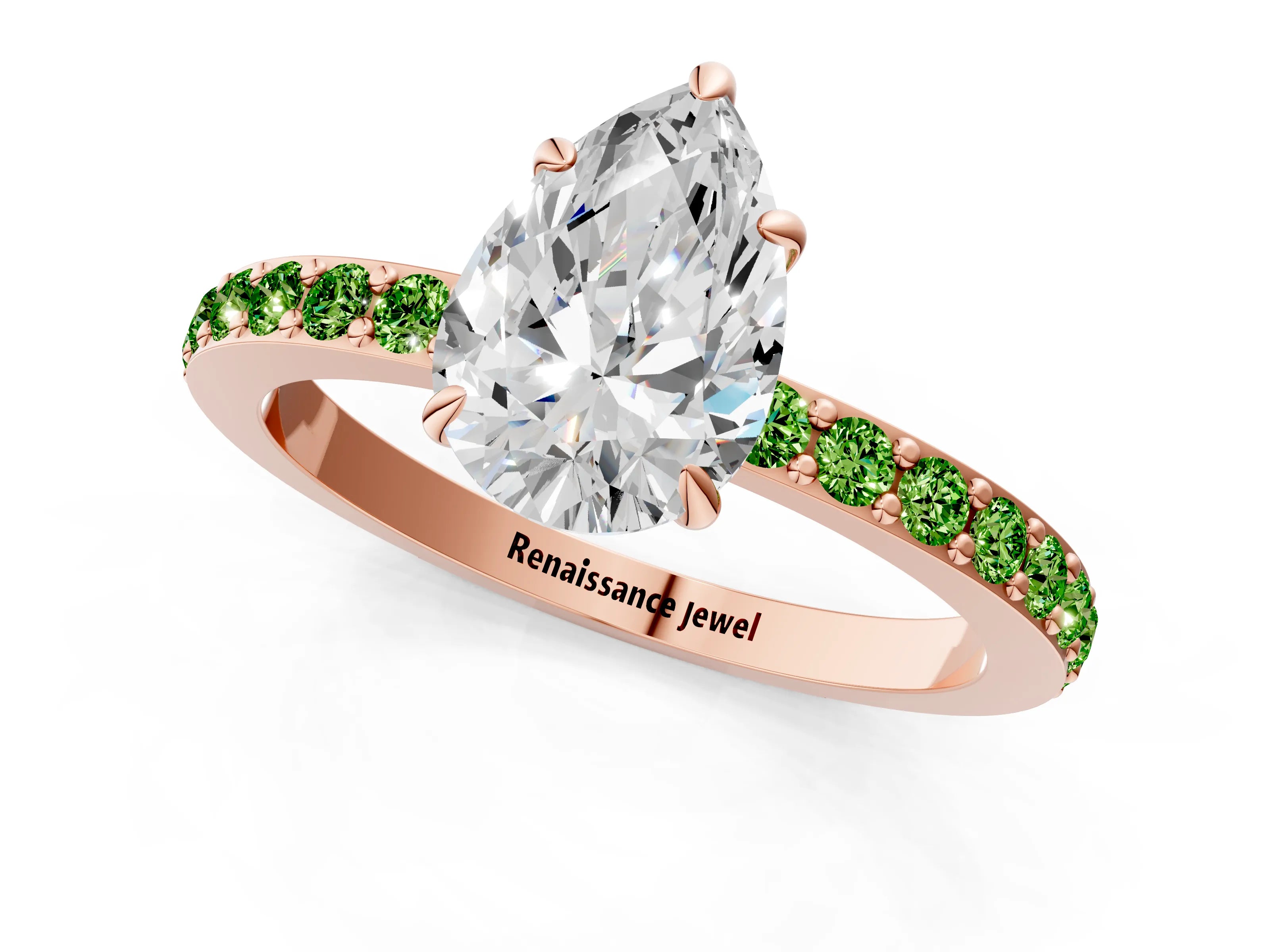 Rose gold Pear Cut Diamond Pavé Engagement Ring with Round with Peridot side stone Accents and Prong Setting_1