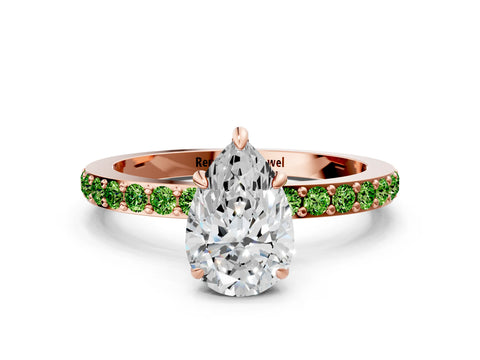 Rose gold Pear Cut Diamond Pavé Engagement Ring with Round with Peridot side stone Accents and Prong Setting