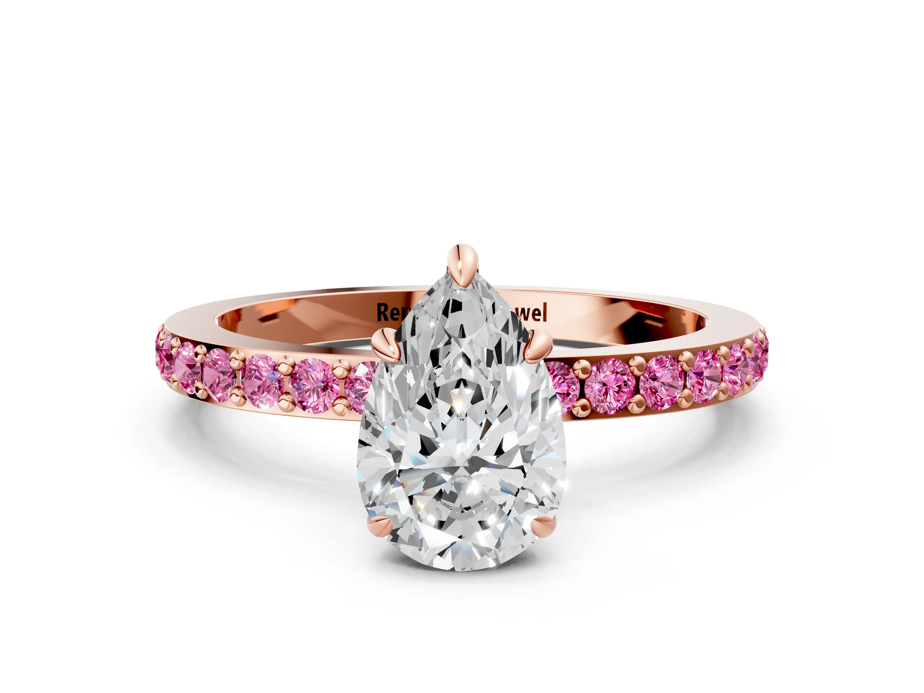 Rose gold Pear Cut Diamond Pavé Engagement Ring with Round with Pink Sapphire side stone Accents and Prong Setting