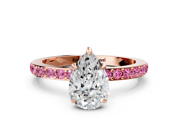 Rose Gold Pear-Shaped Hidden Halo Engagement Ring Setting with Lab-Grown Pink Sapphire Pave Band
