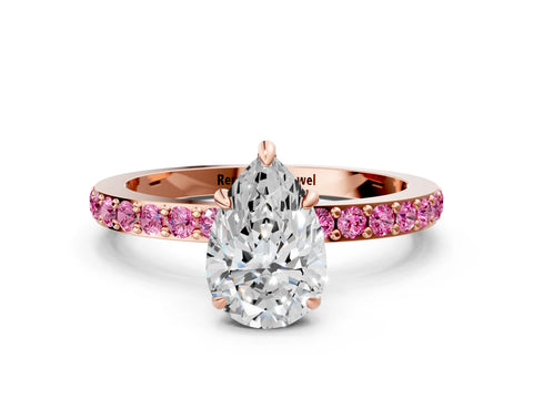 Rose gold Pear Cut Diamond Pavé Engagement Ring with Round with Pink Sapphire side stone Accents and Prong Setting