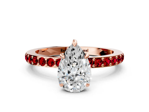 Rose gold Pear Cut Diamond Pavé Engagement Ring with Round with Ruby side stone Accents and Prong Setting