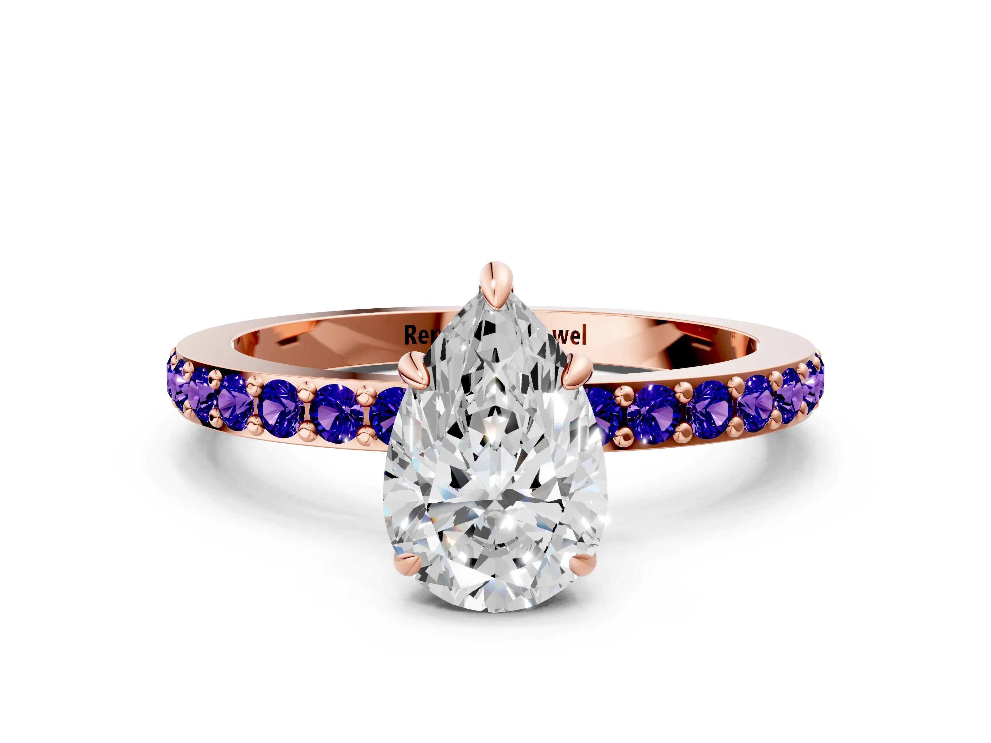 Rose gold Pear Cut Diamond Pavé Engagement Ring with Round with Tanzanite side stone Accents and Prong Setting