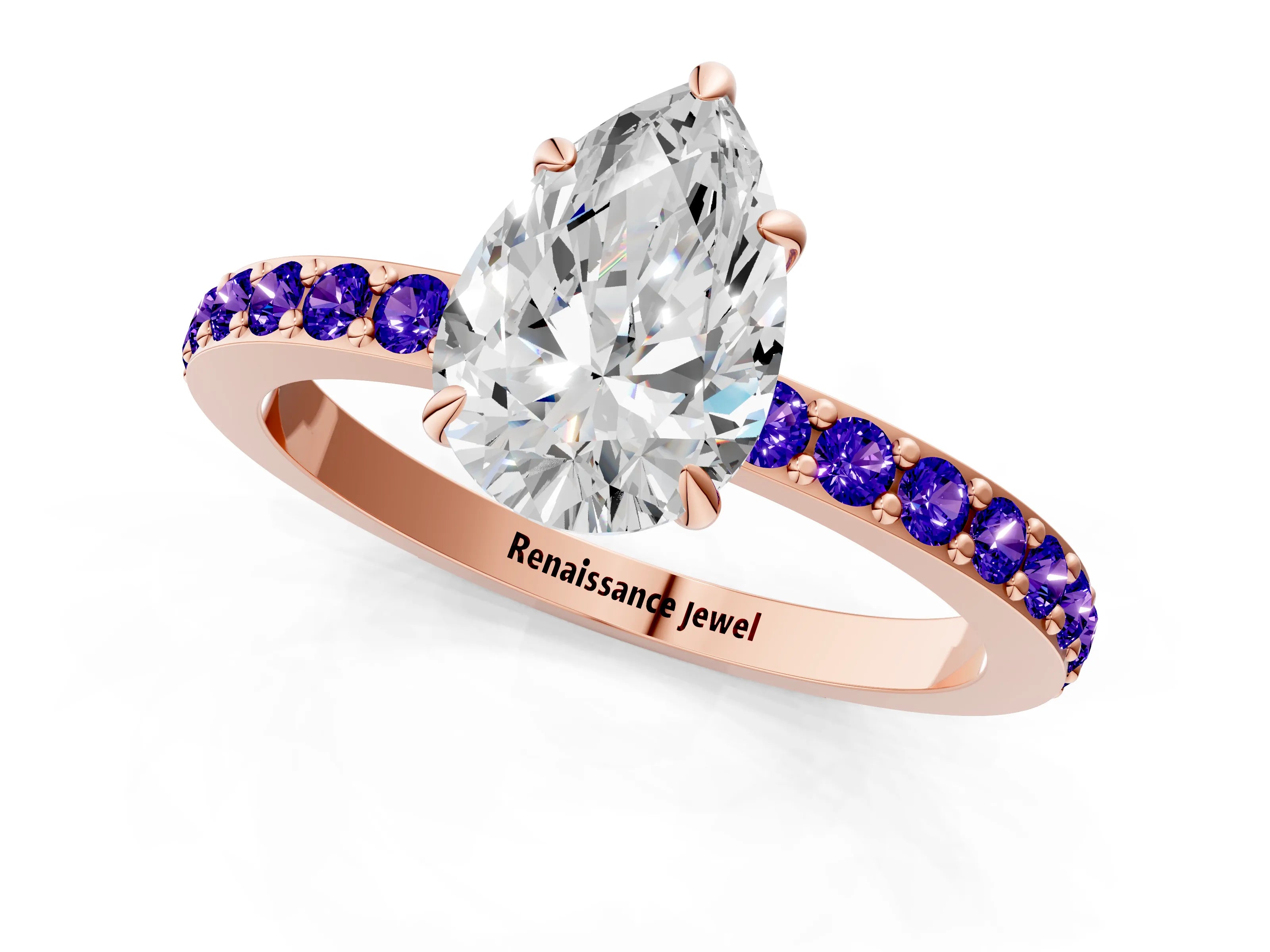 Rose gold Pear Cut Diamond Pavé Engagement Ring with Round with Tanzanite side stone Accents and Prong Setting_1