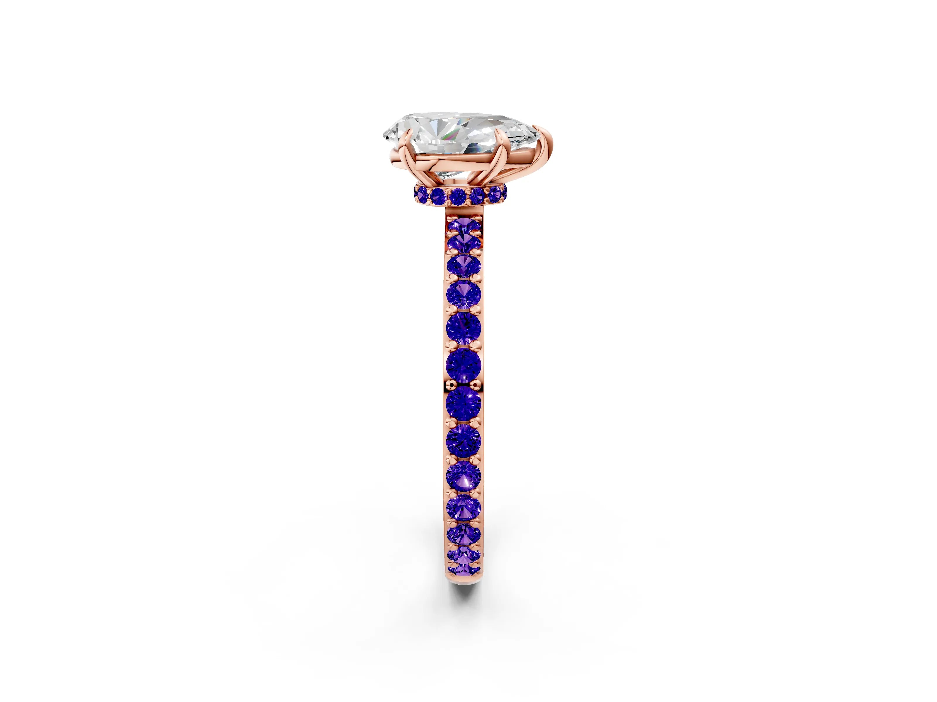 Rose gold Pear Cut Diamond Pavé Engagement Ring with Round with Tanzanite side stone Accents and Prong Setting_2