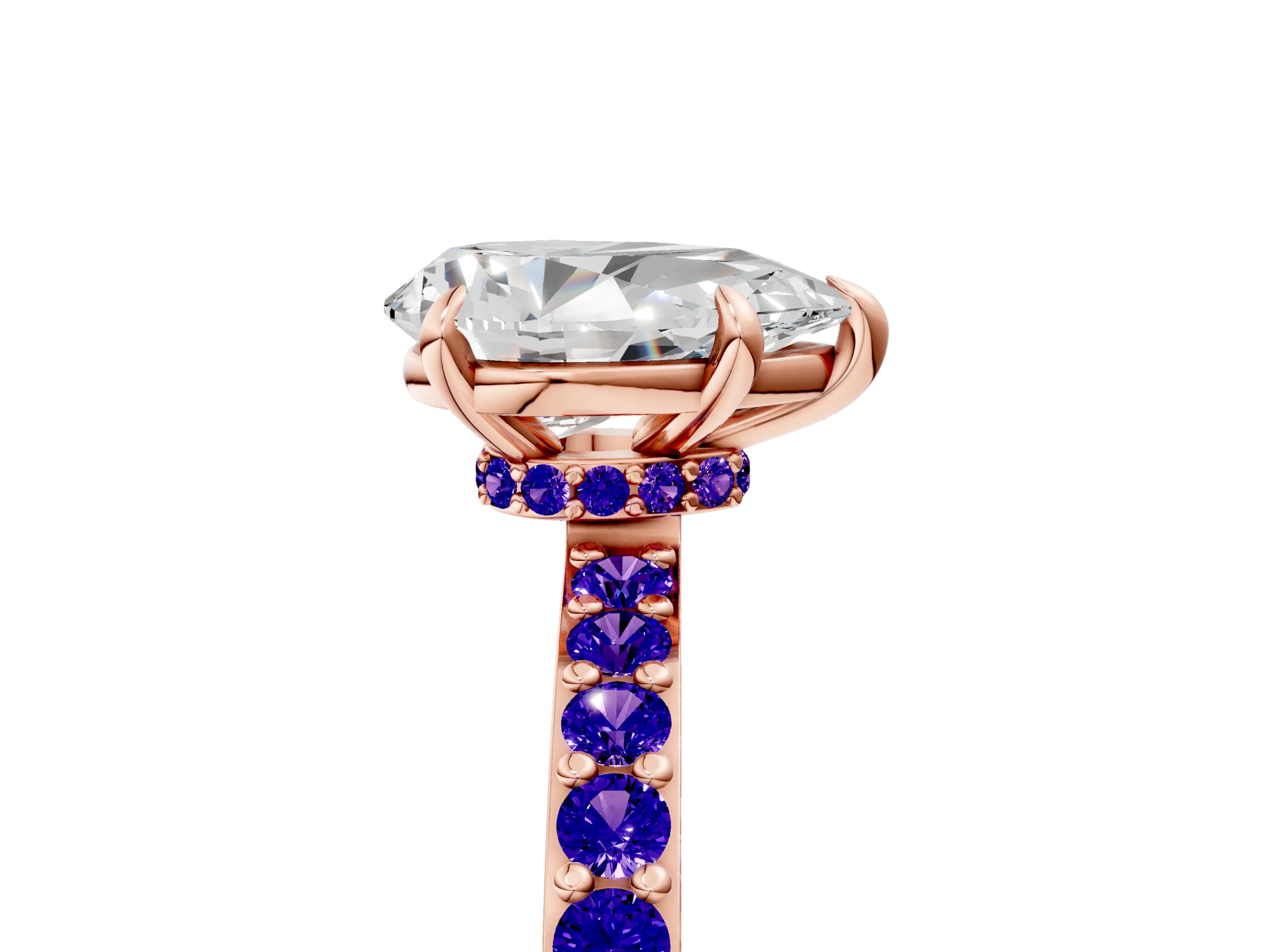 Rose gold Pear Cut Diamond Pavé Engagement Ring with Round with Tanzanite side stone Accents and Prong Setting_5