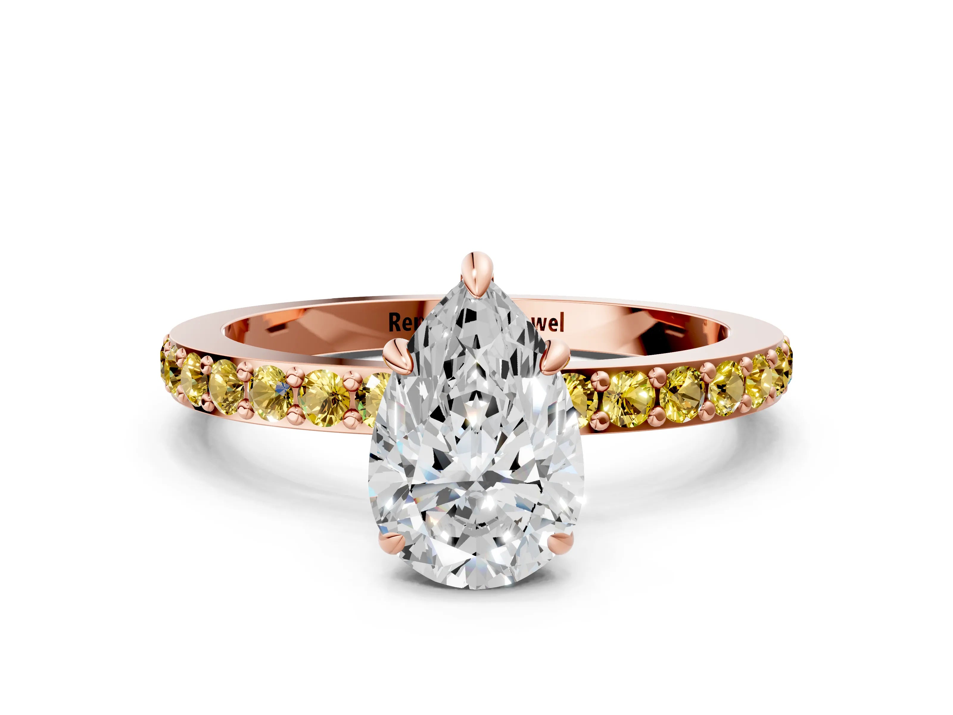 Rose gold Pear Cut Diamond Pavé Engagement Ring with Round with Yellow Sapphire side stone Accents and Prong Setting