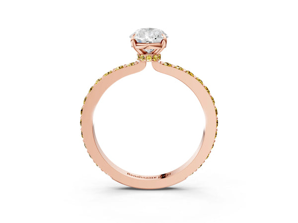 Rose gold Pear Cut Diamond Pavé Engagement Ring with Round with Yellow Sapphire side stone Accents and Prong Setting