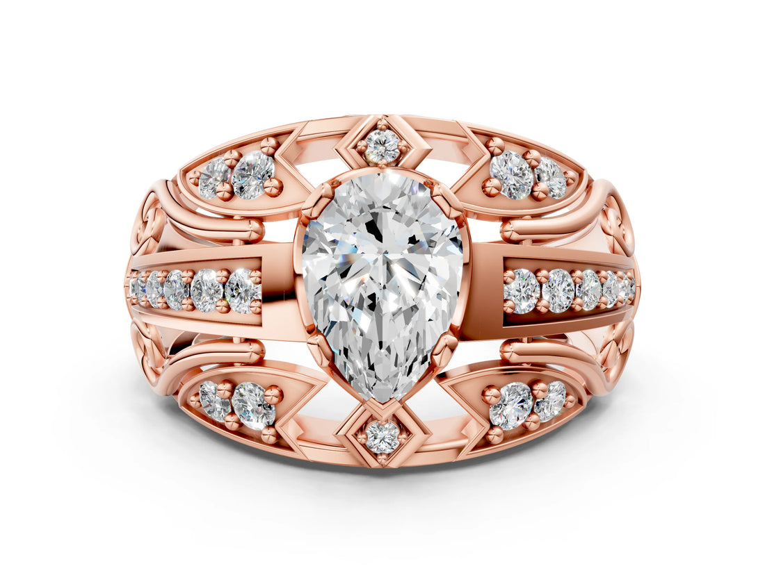 Rose gold Pear Cut Diamond Pave Art Deco Split Shank Ring with Four-Prong Setting_13