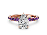 Rose gold Pear Cut Diamond Pave Band Solitaire Ring with Round with Amethyst side stone and Prong Setting